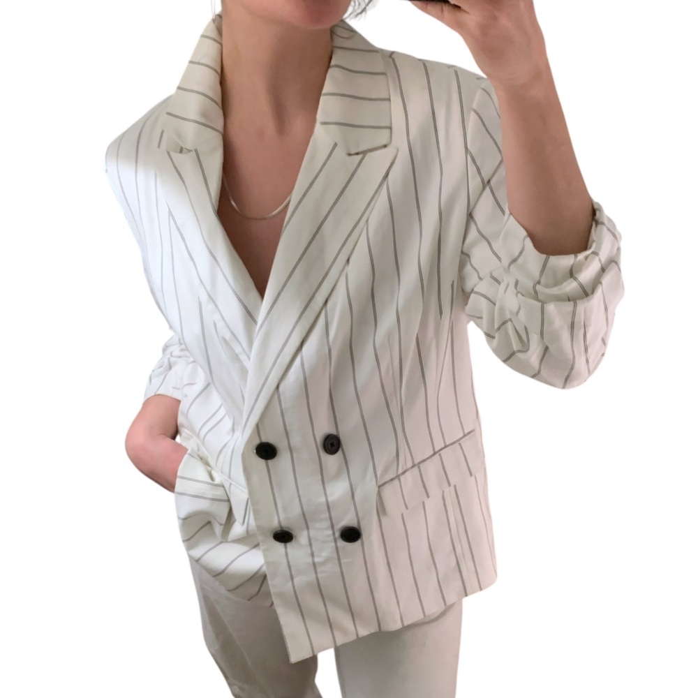 NWOT A NEW DAY 100% Cotton White Black Pinstripe Double Breasted Blazer - sz 16W - Picture 6 of 16